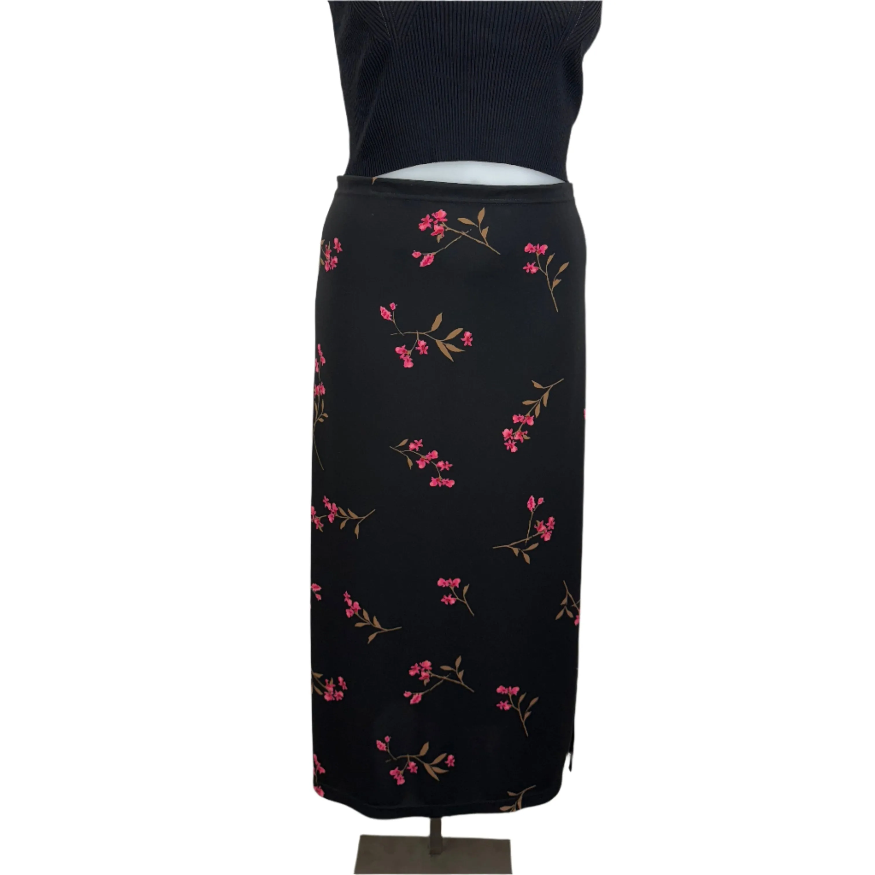 1626 Black Floral Pull-On Split Hem Skirt Size 20