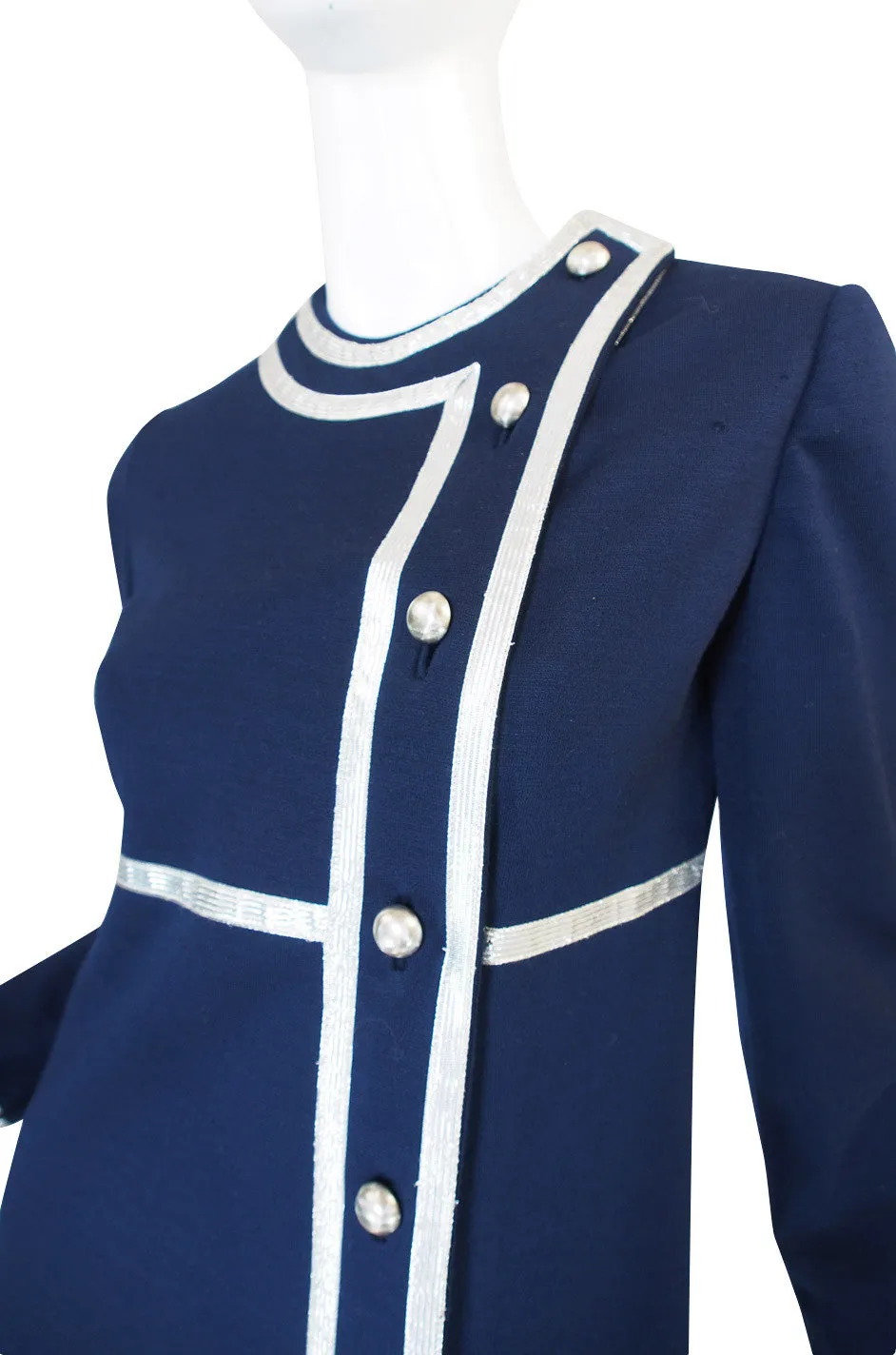 1960s Geoffrey Beene Deep Blue & Graphic Silver Trim Dress