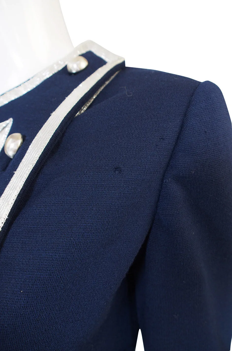 1960s Geoffrey Beene Deep Blue & Graphic Silver Trim Dress