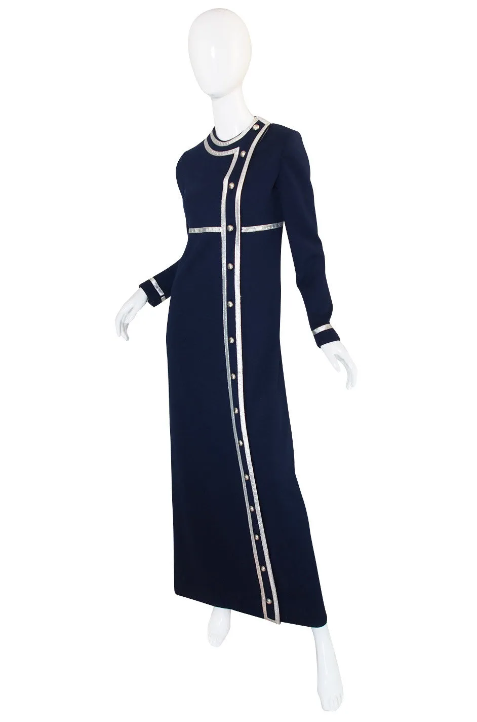 1960s Geoffrey Beene Deep Blue & Graphic Silver Trim Dress