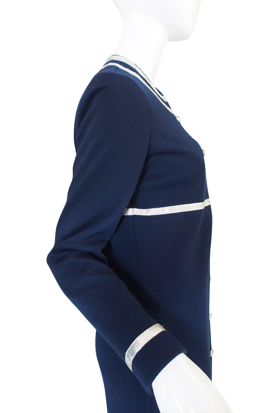 1960s Geoffrey Beene Deep Blue & Graphic Silver Trim Dress