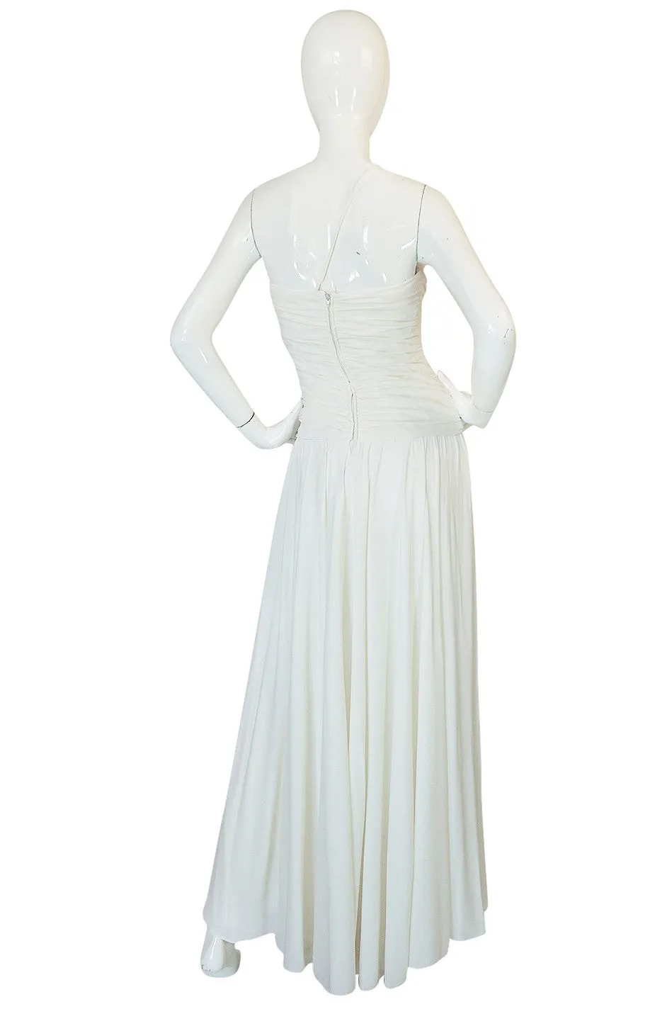 1970s Frank Usher Draped Single Strap White Jersey Dress