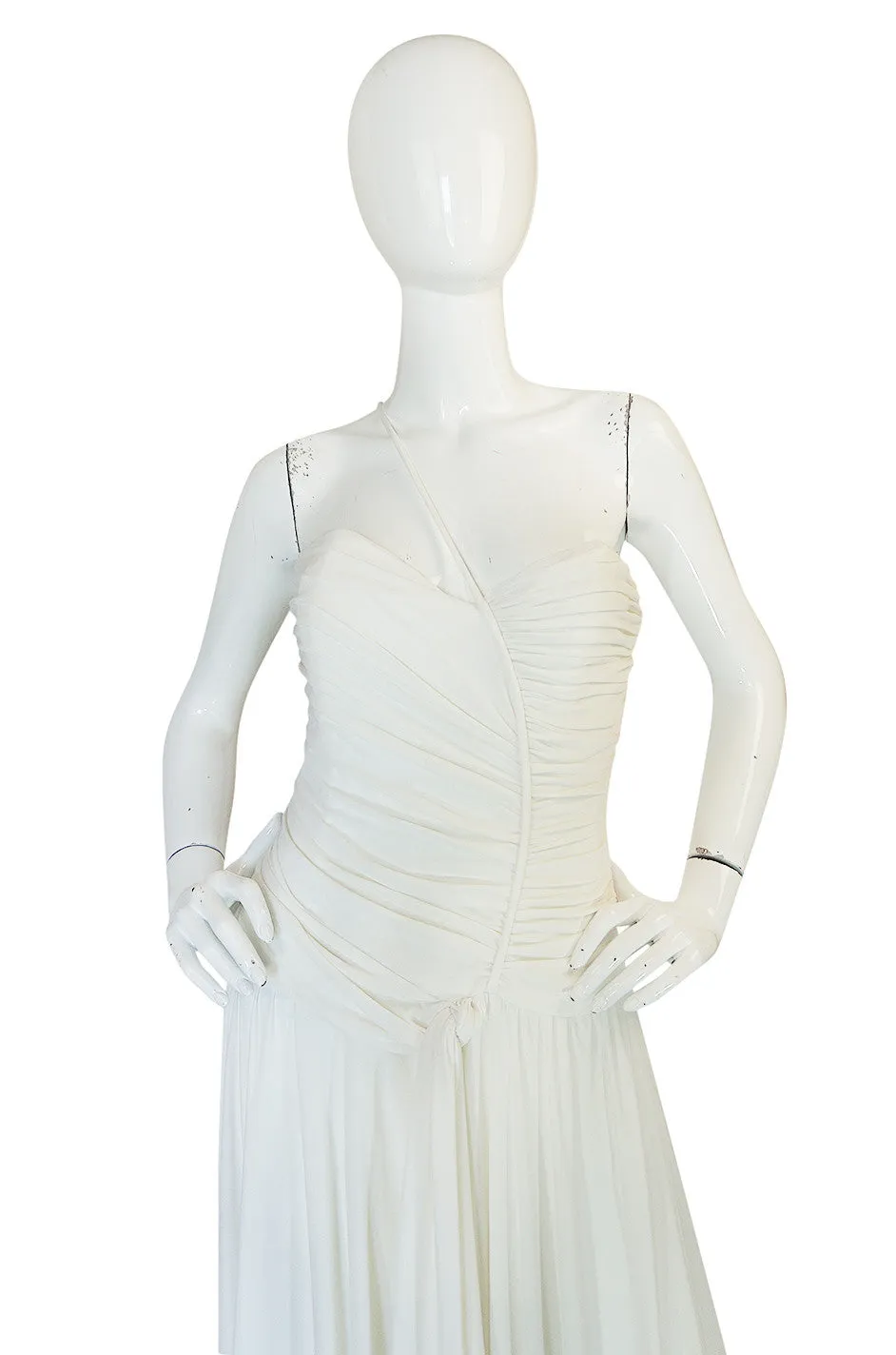 1970s Frank Usher Draped Single Strap White Jersey Dress