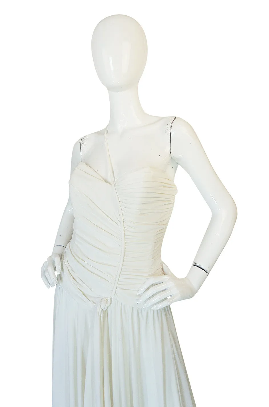 1970s Frank Usher Draped Single Strap White Jersey Dress