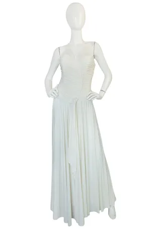 1970s Frank Usher Draped Single Strap White Jersey Dress