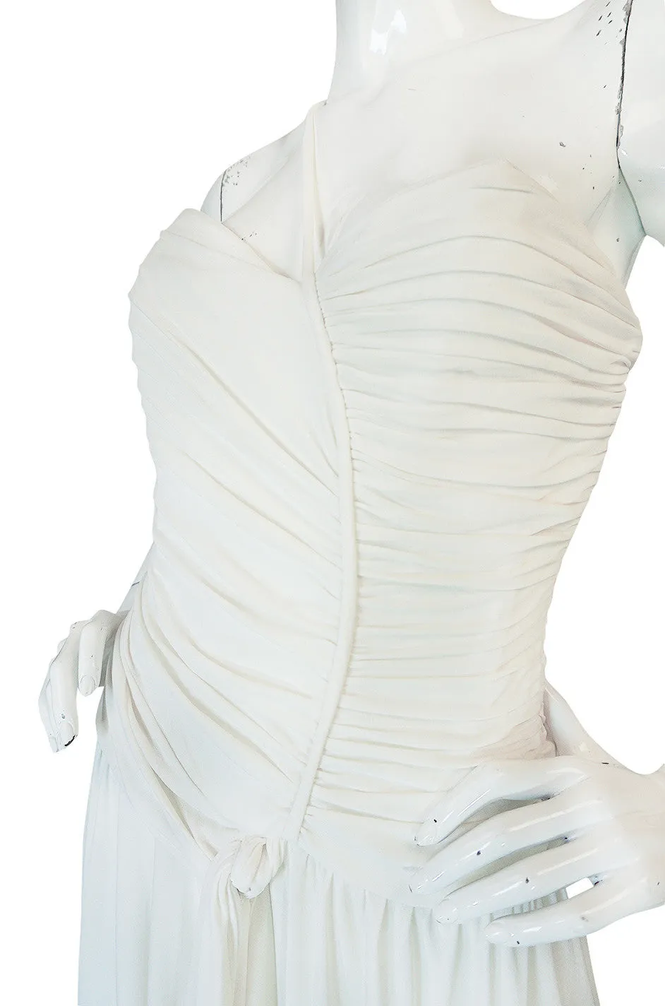 1970s Frank Usher Draped Single Strap White Jersey Dress