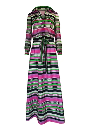 1970s Givenchy Vivid Pink Silk Striped Skirt & Top Dress Set
