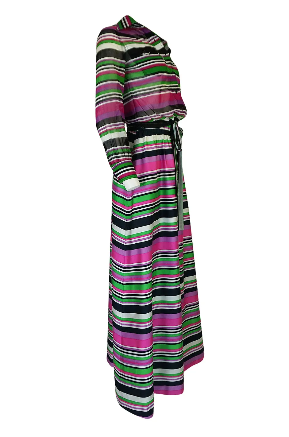 1970s Givenchy Vivid Pink Silk Striped Skirt & Top Dress Set