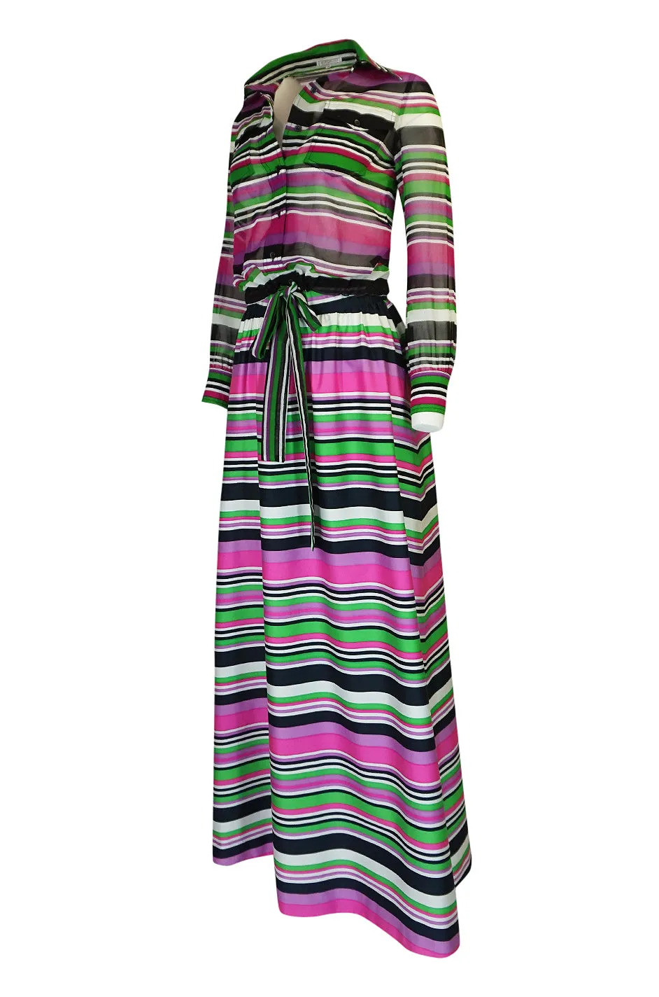 1970s Givenchy Vivid Pink Silk Striped Skirt & Top Dress Set