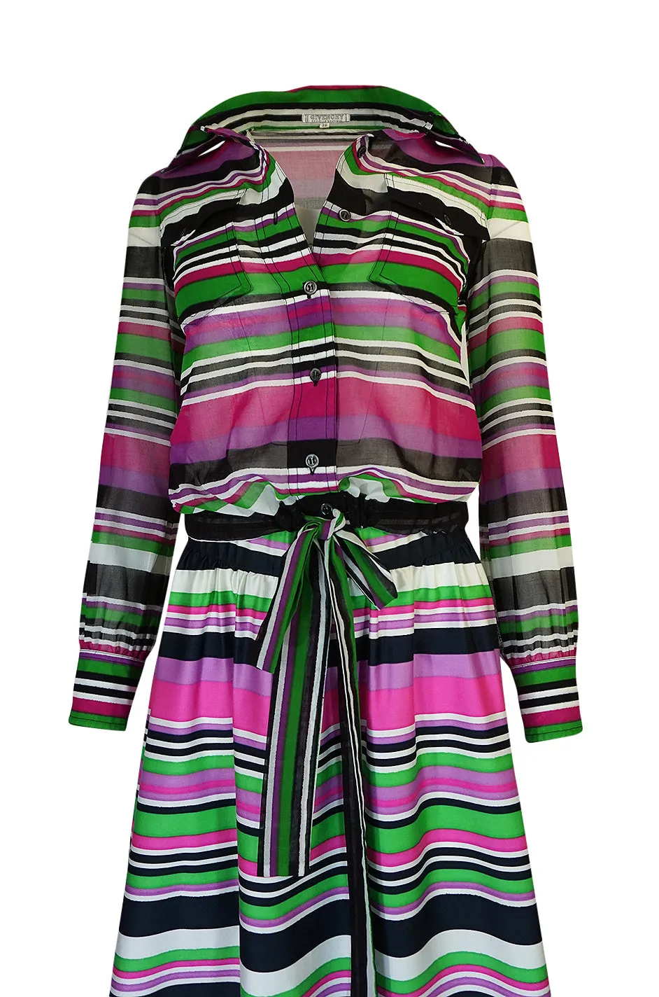 1970s Givenchy Vivid Pink Silk Striped Skirt & Top Dress Set