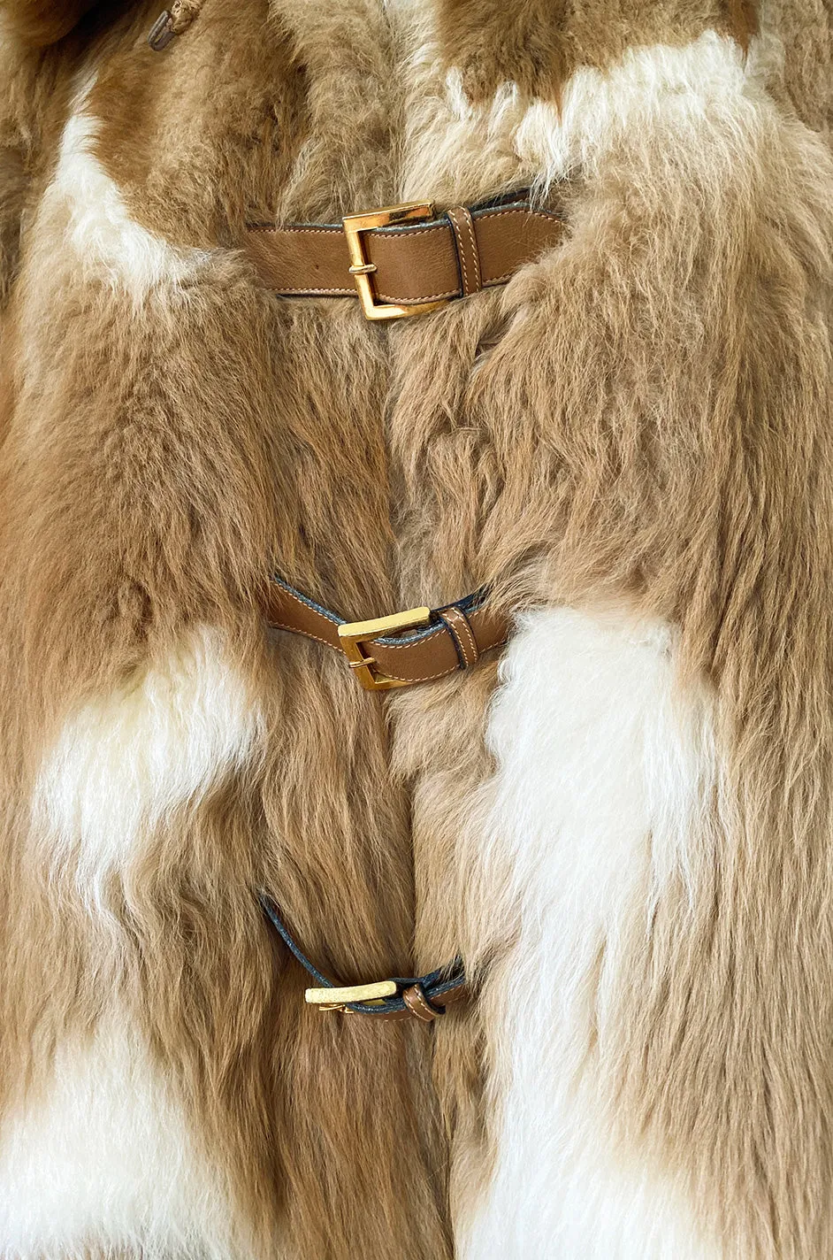 1970s Gucci Two Toned Sheepskin & Suede Coat w Front Leather Buckles