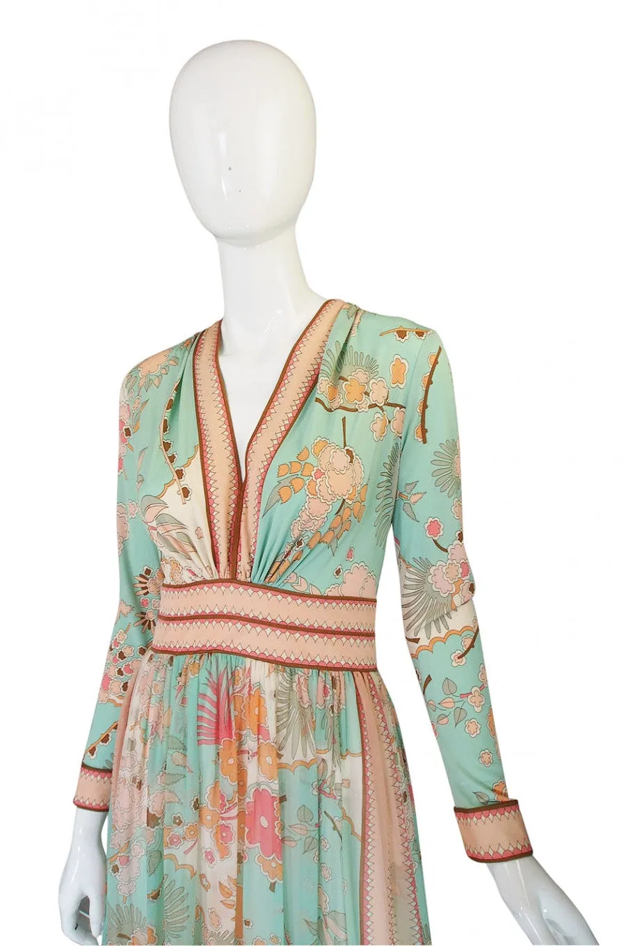 1970s Soft Pastel Bessi Silk Maxi Dress