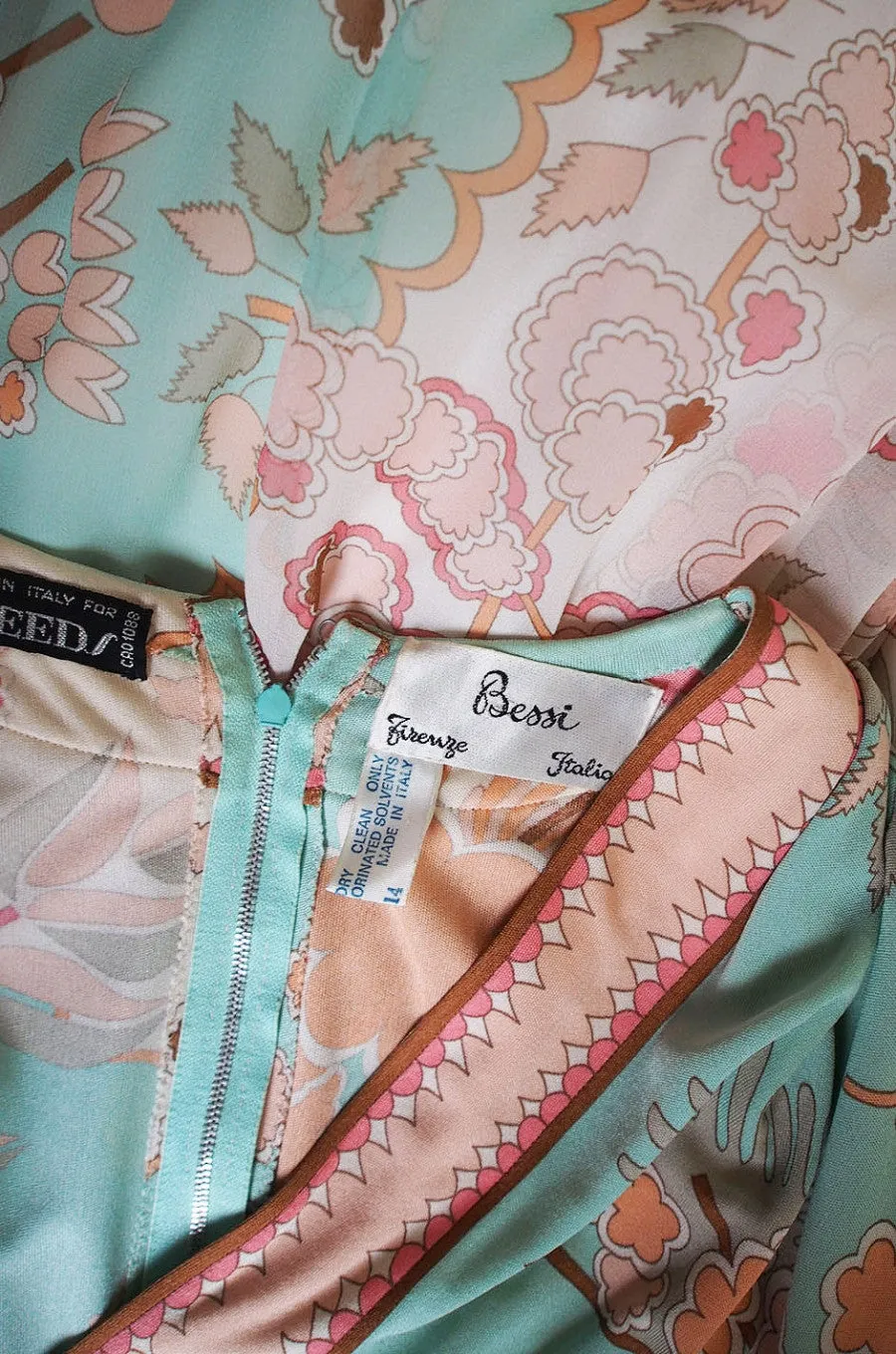 1970s Soft Pastel Bessi Silk Maxi Dress