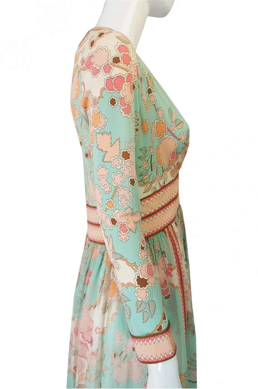 1970s Soft Pastel Bessi Silk Maxi Dress