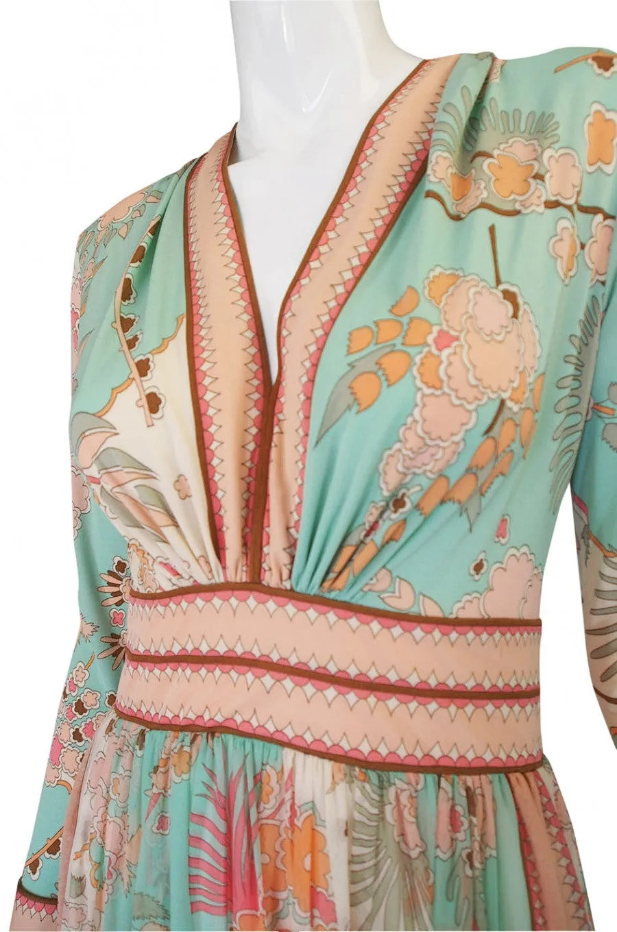 1970s Soft Pastel Bessi Silk Maxi Dress