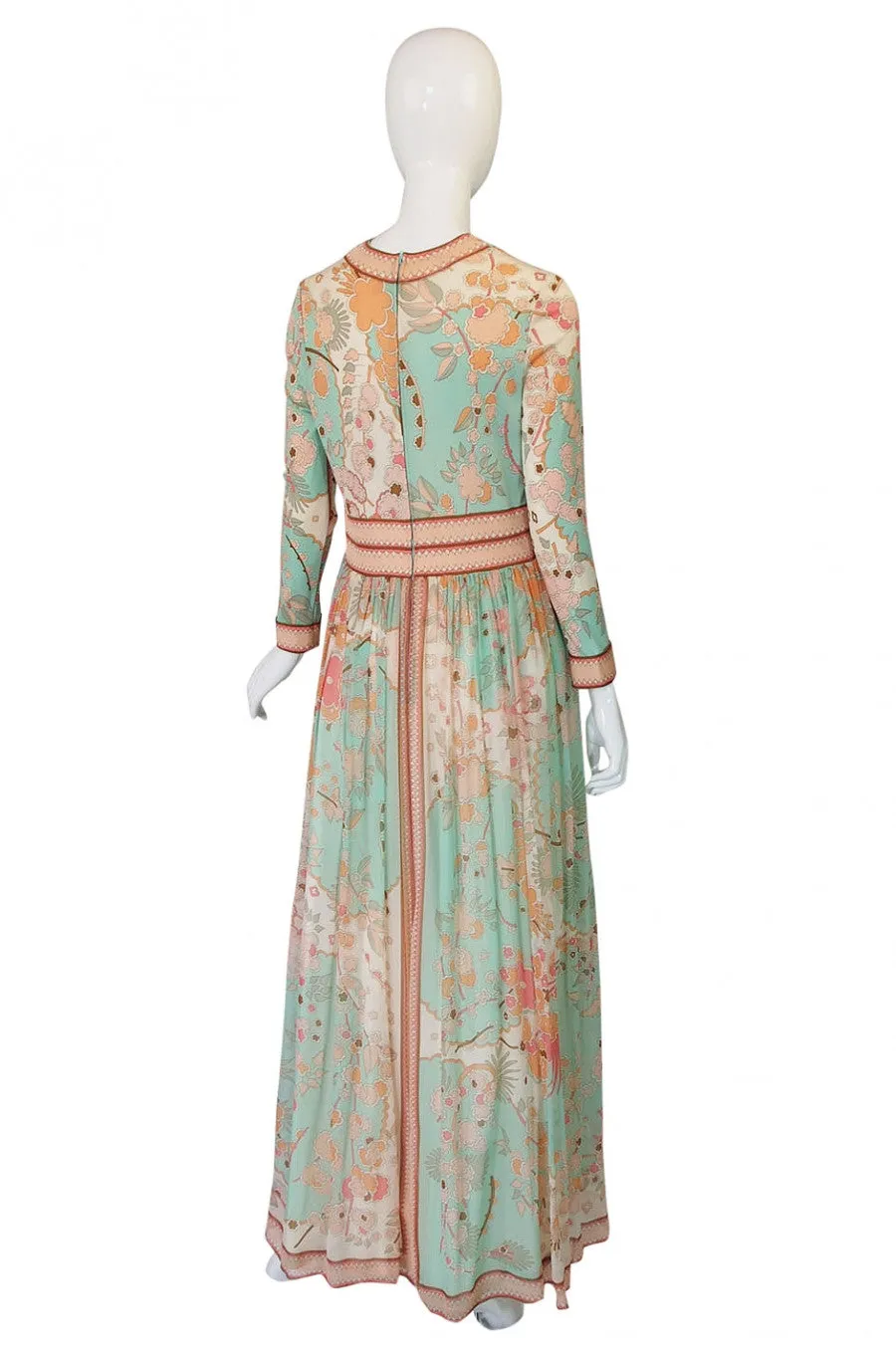1970s Soft Pastel Bessi Silk Maxi Dress