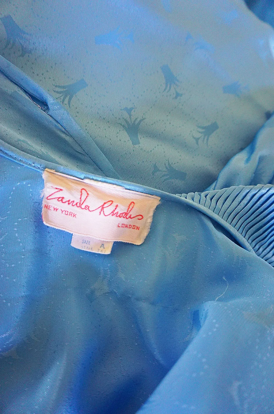 1970s Zandra Rhodes Blue Lingerie Plunging Caftan Dress