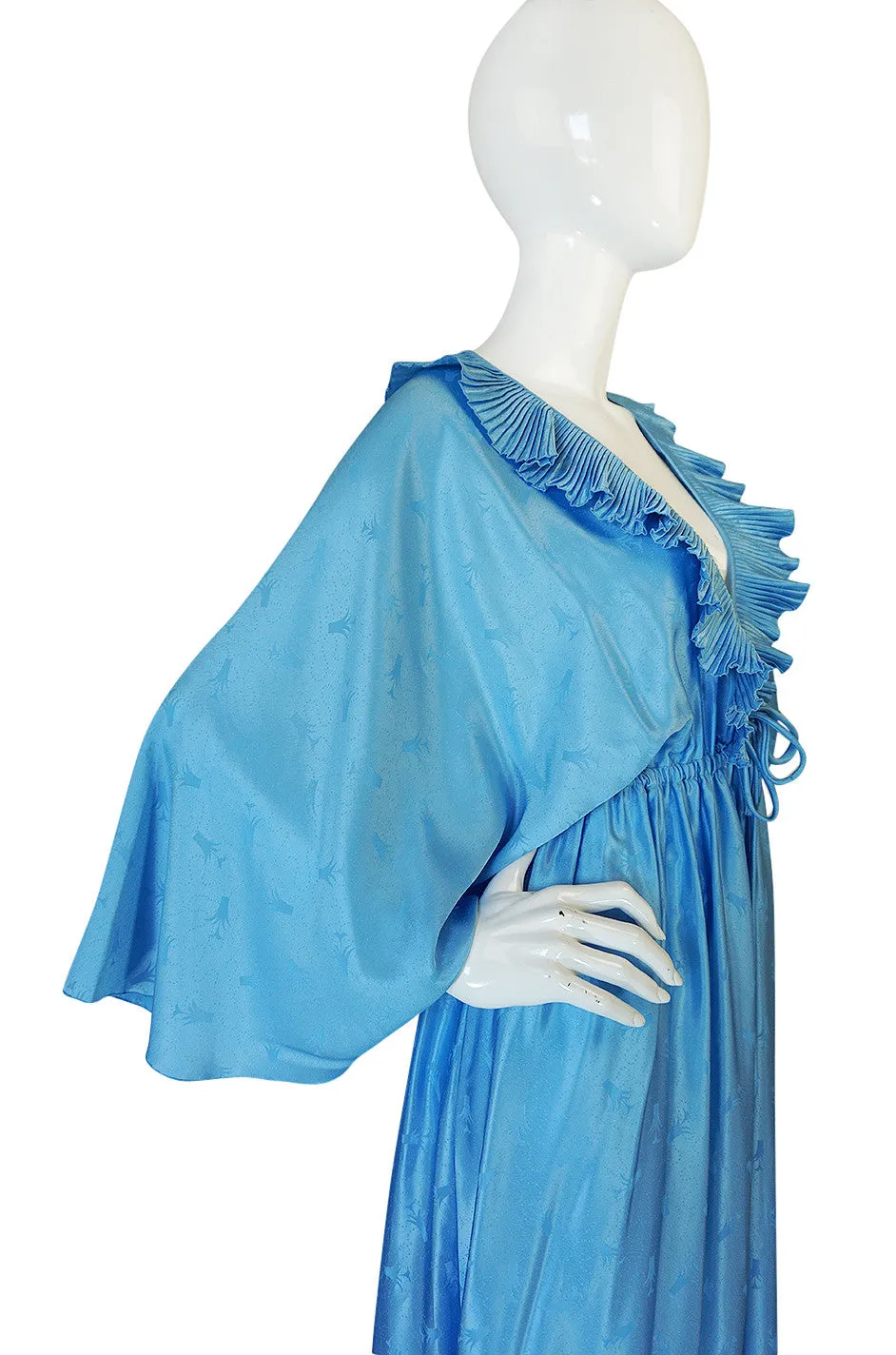 1970s Zandra Rhodes Blue Lingerie Plunging Caftan Dress