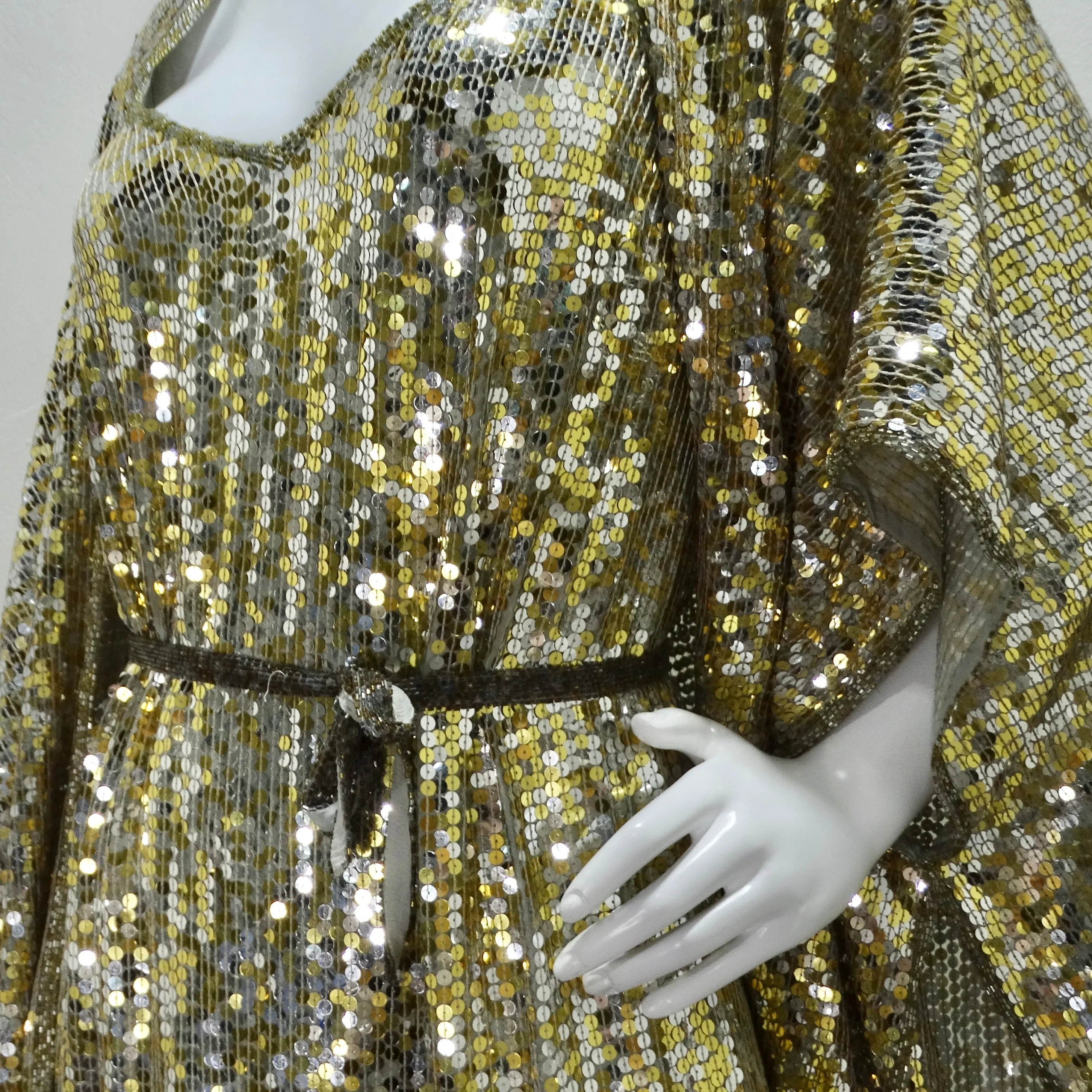 1980s Capriccio Gold Sequin Embellished Dress, Shawl & Belt Set