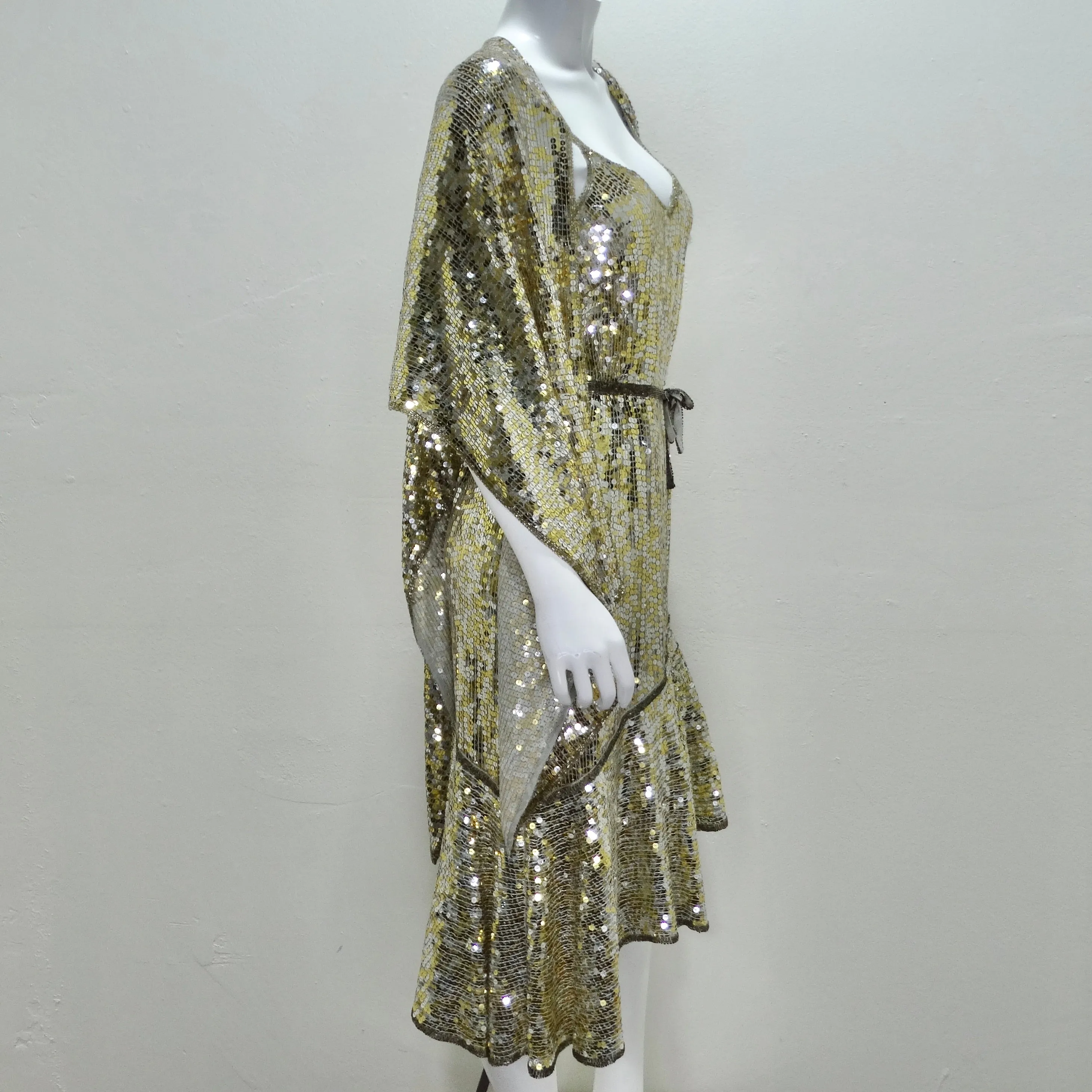 1980s Capriccio Gold Sequin Embellished Dress, Shawl & Belt Set