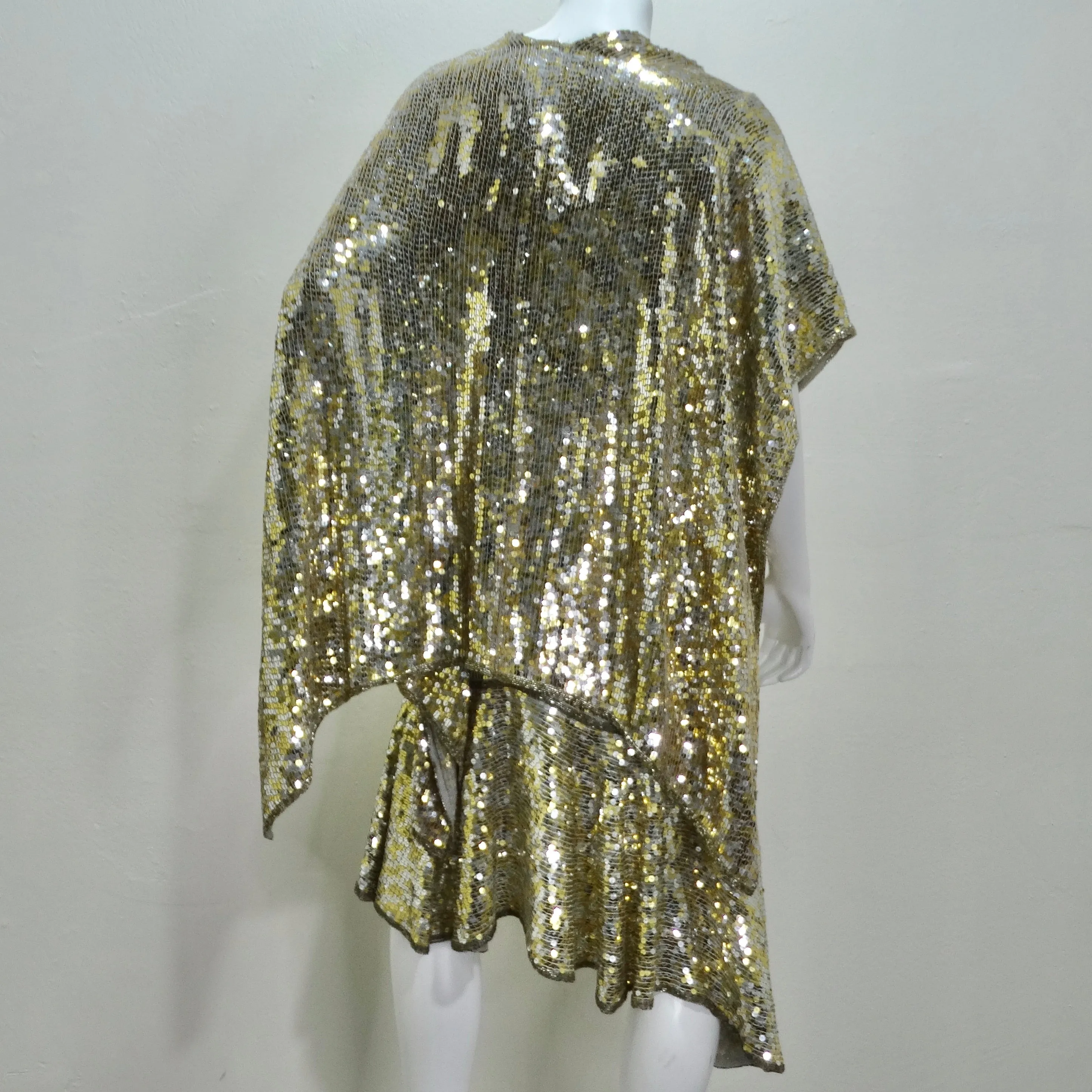 1980s Capriccio Gold Sequin Embellished Dress, Shawl & Belt Set