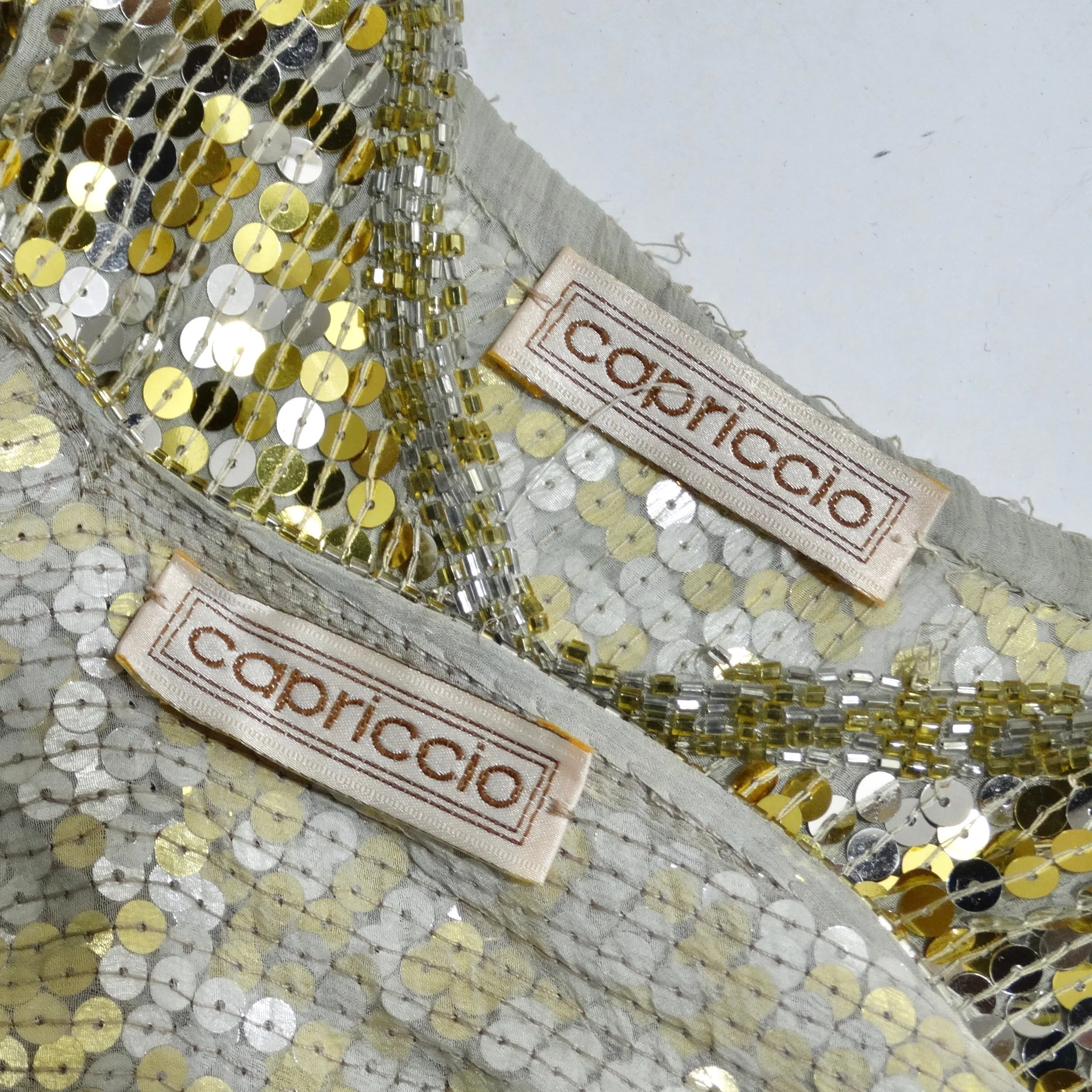 1980s Capriccio Gold Sequin Embellished Dress, Shawl & Belt Set