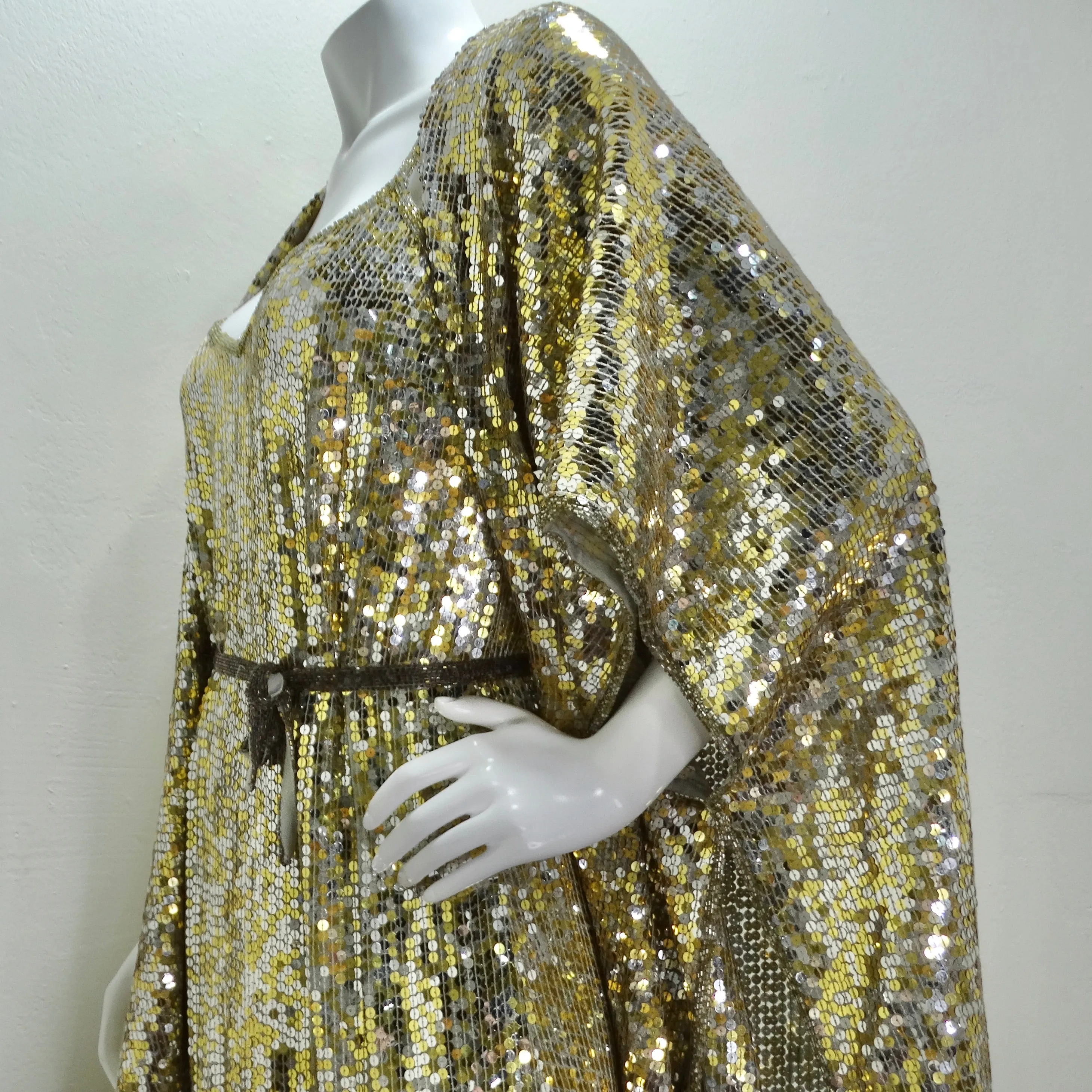 1980s Capriccio Gold Sequin Embellished Dress, Shawl & Belt Set