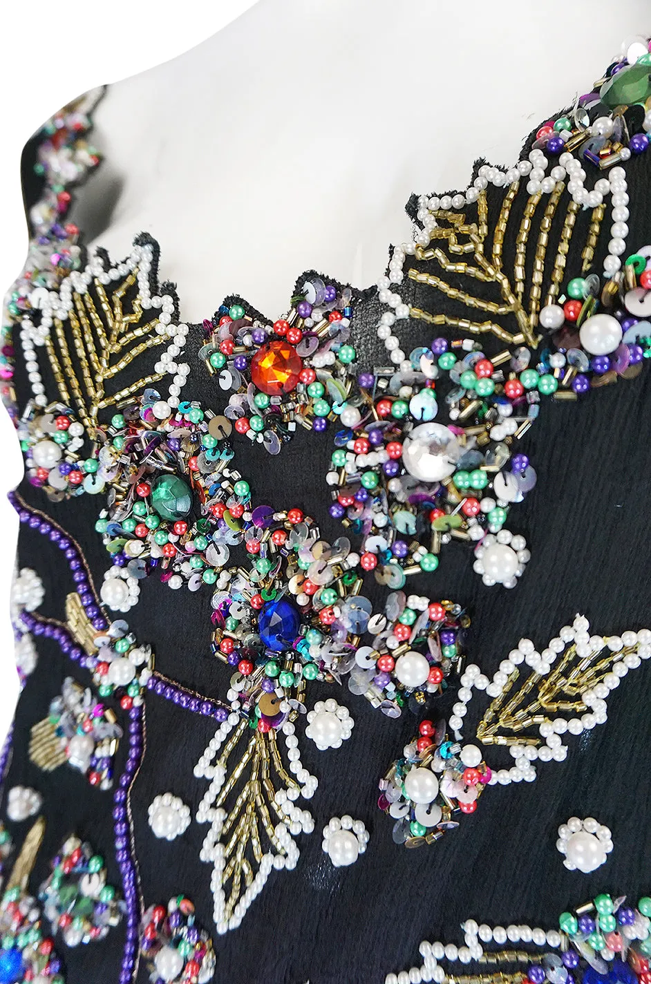 1980s Halston Densely Beaded & Crystal Black Dress & Jacket