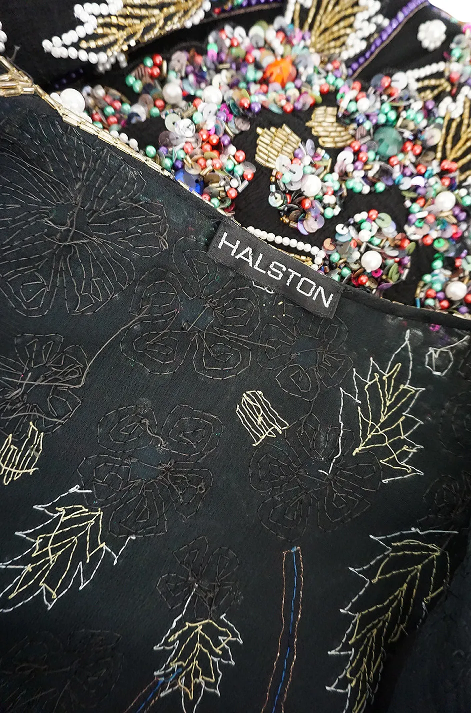 1980s Halston Densely Beaded & Crystal Black Dress & Jacket