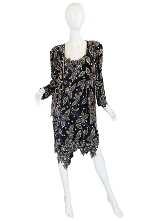 1980s Halston Densely Beaded & Crystal Black Dress & Jacket
