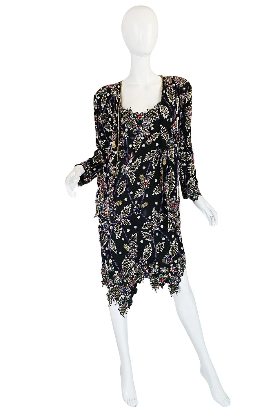 1980s Halston Densely Beaded & Crystal Black Dress & Jacket