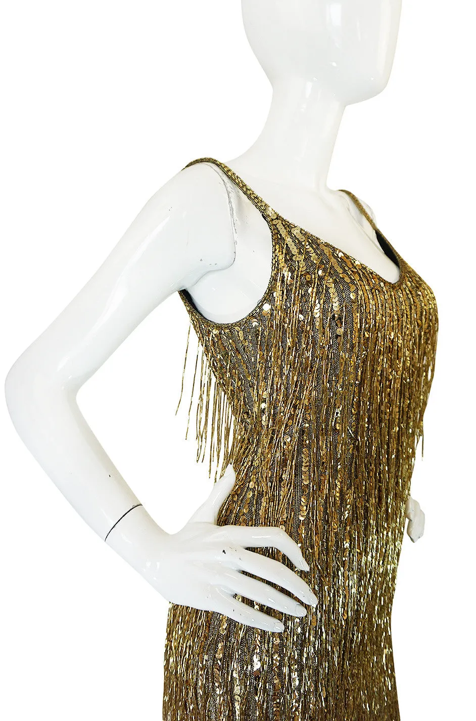 1980s Oleg Cassini Gold Beaded Spangle Fringe Dress