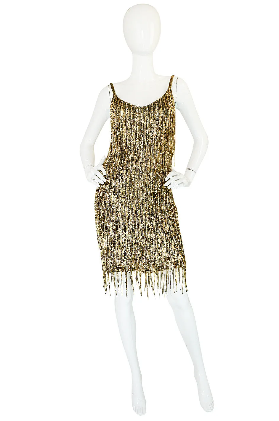 1980s Oleg Cassini Gold Beaded Spangle Fringe Dress