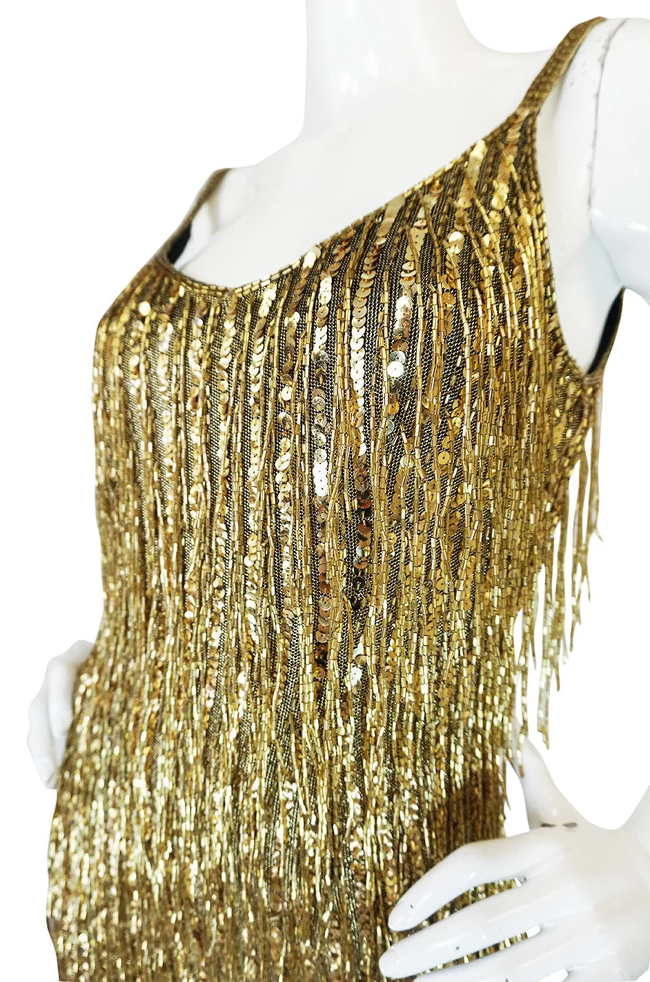 1980s Oleg Cassini Gold Beaded Spangle Fringe Dress