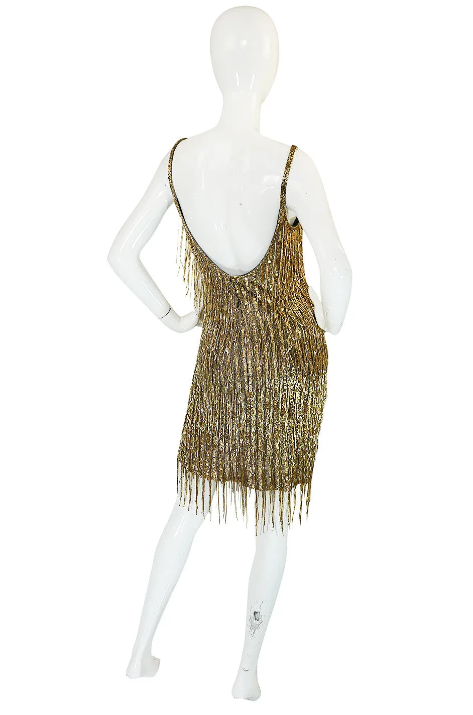 1980s Oleg Cassini Gold Beaded Spangle Fringe Dress