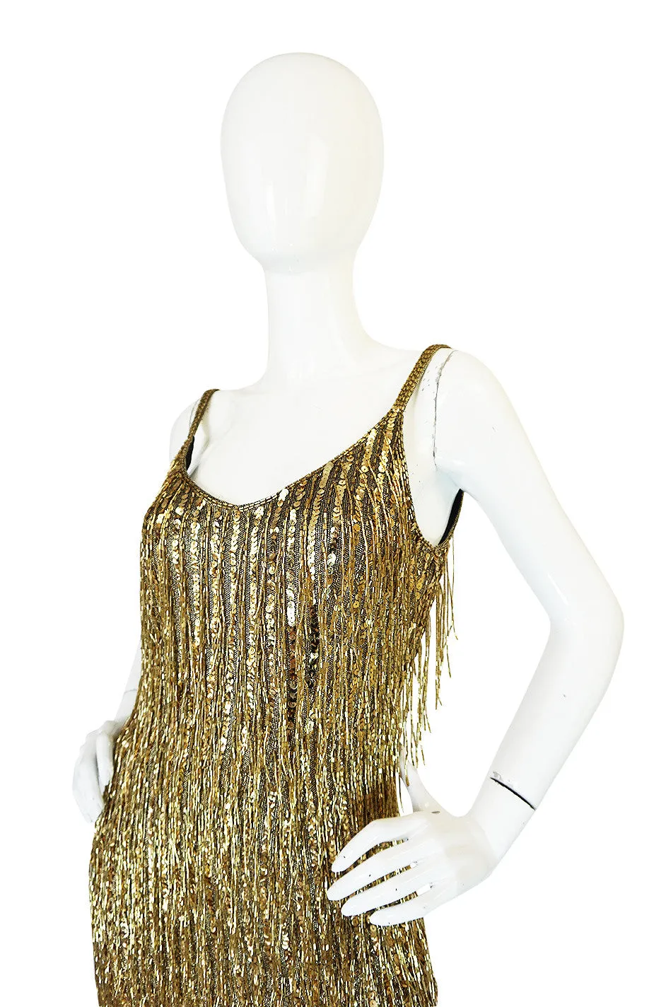 1980s Oleg Cassini Gold Beaded Spangle Fringe Dress