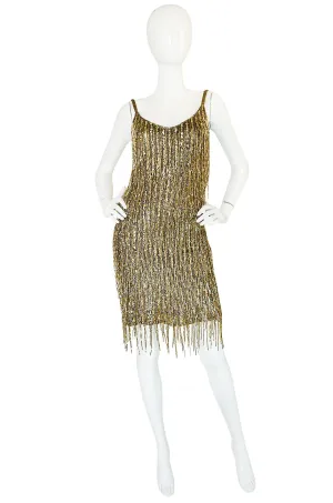 1980s Oleg Cassini Gold Beaded Spangle Fringe Dress