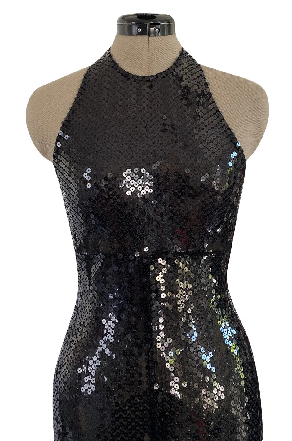 1980s OMO Norma Kamali Black Sequin Stretch Jumpsuit w Blue Sequin Pattern at the Back