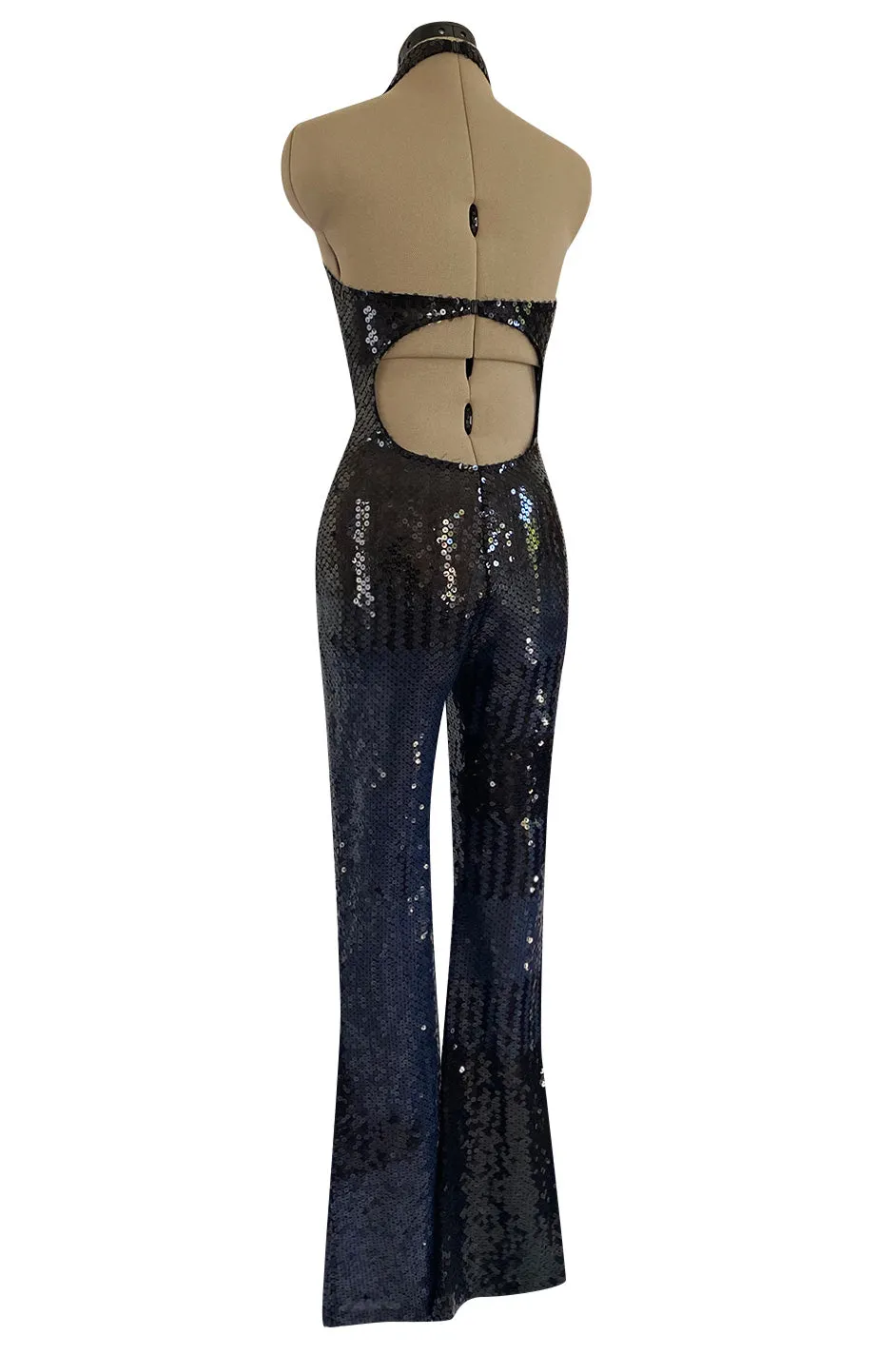 1980s OMO Norma Kamali Black Sequin Stretch Jumpsuit w Blue Sequin Pattern at the Back