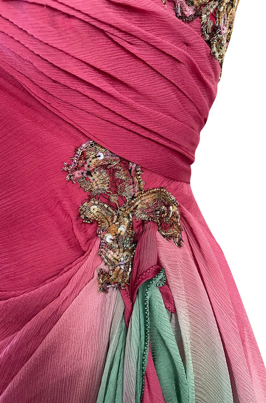 1980s Vicky Tiel Couture Pink & Greem Silk Chiffon Dress w Bead & Sequin Bodice