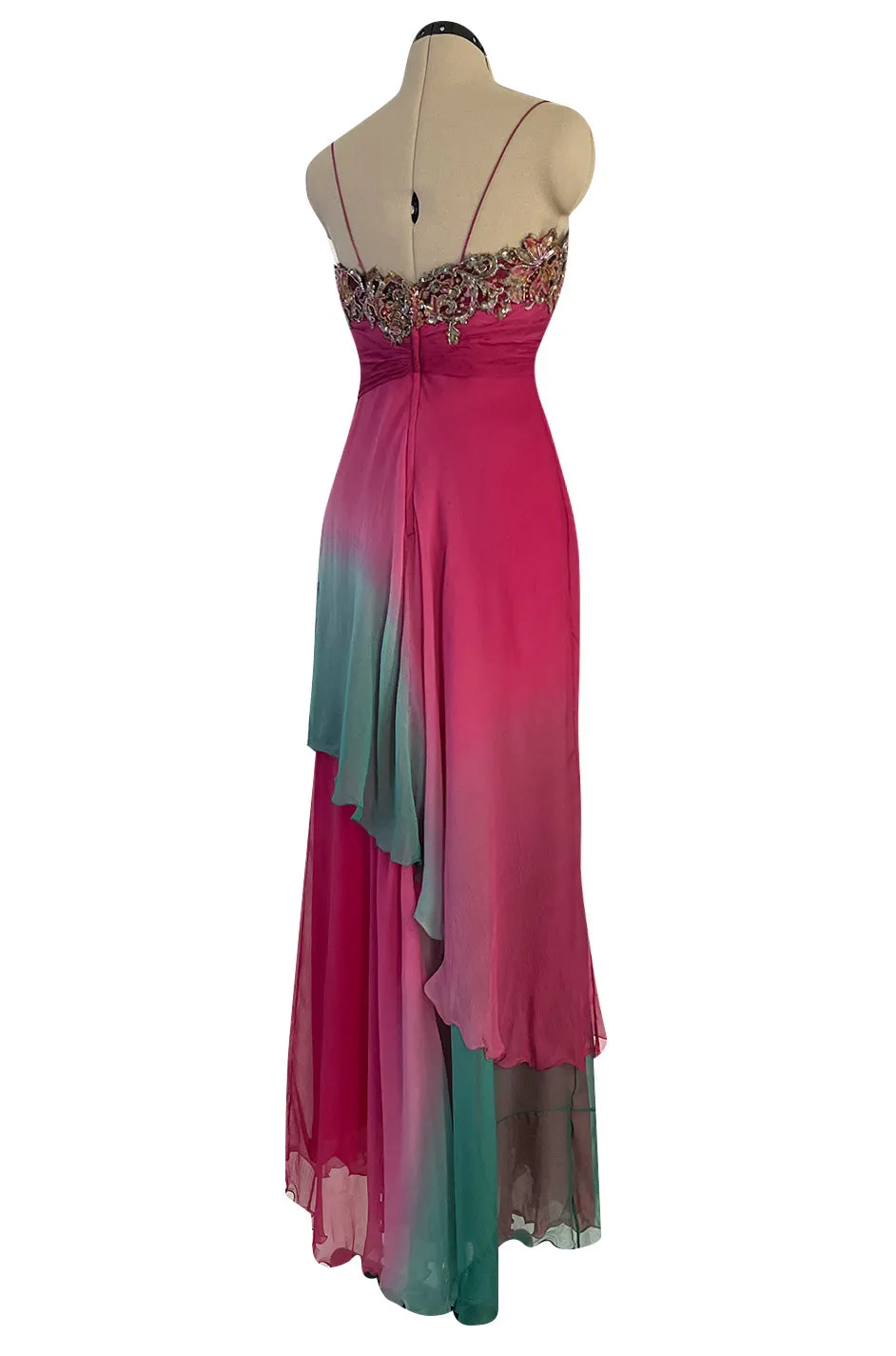 1980s Vicky Tiel Couture Pink & Greem Silk Chiffon Dress w Bead & Sequin Bodice