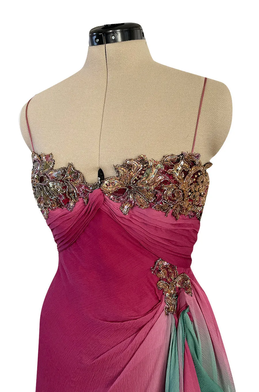 1980s Vicky Tiel Couture Pink & Greem Silk Chiffon Dress w Bead & Sequin Bodice