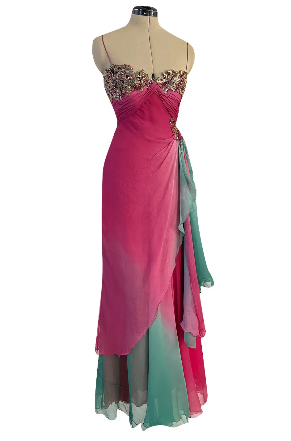 1980s Vicky Tiel Couture Pink & Greem Silk Chiffon Dress w Bead & Sequin Bodice
