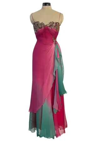 1980s Vicky Tiel Couture Pink & Greem Silk Chiffon Dress w Bead & Sequin Bodice