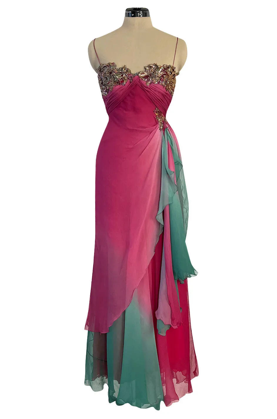 1980s Vicky Tiel Couture Pink & Greem Silk Chiffon Dress w Bead & Sequin Bodice