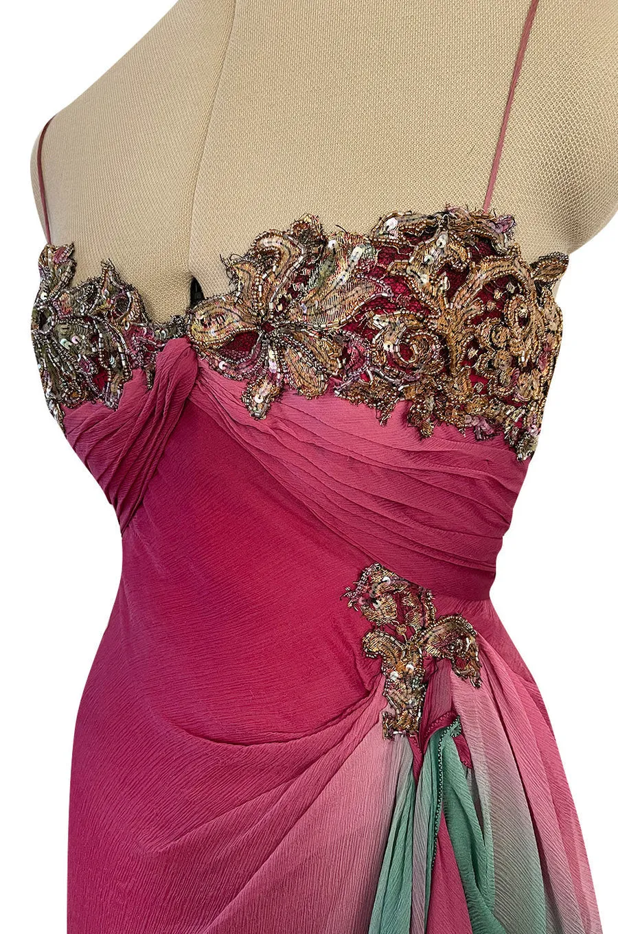 1980s Vicky Tiel Couture Pink & Greem Silk Chiffon Dress w Bead & Sequin Bodice