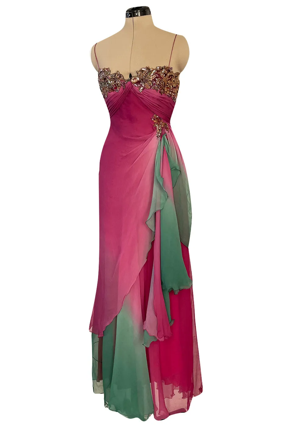 1980s Vicky Tiel Couture Pink & Greem Silk Chiffon Dress w Bead & Sequin Bodice