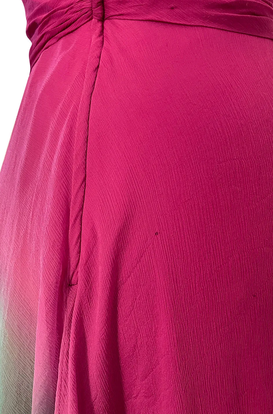 1980s Vicky Tiel Couture Pink & Greem Silk Chiffon Dress w Bead & Sequin Bodice