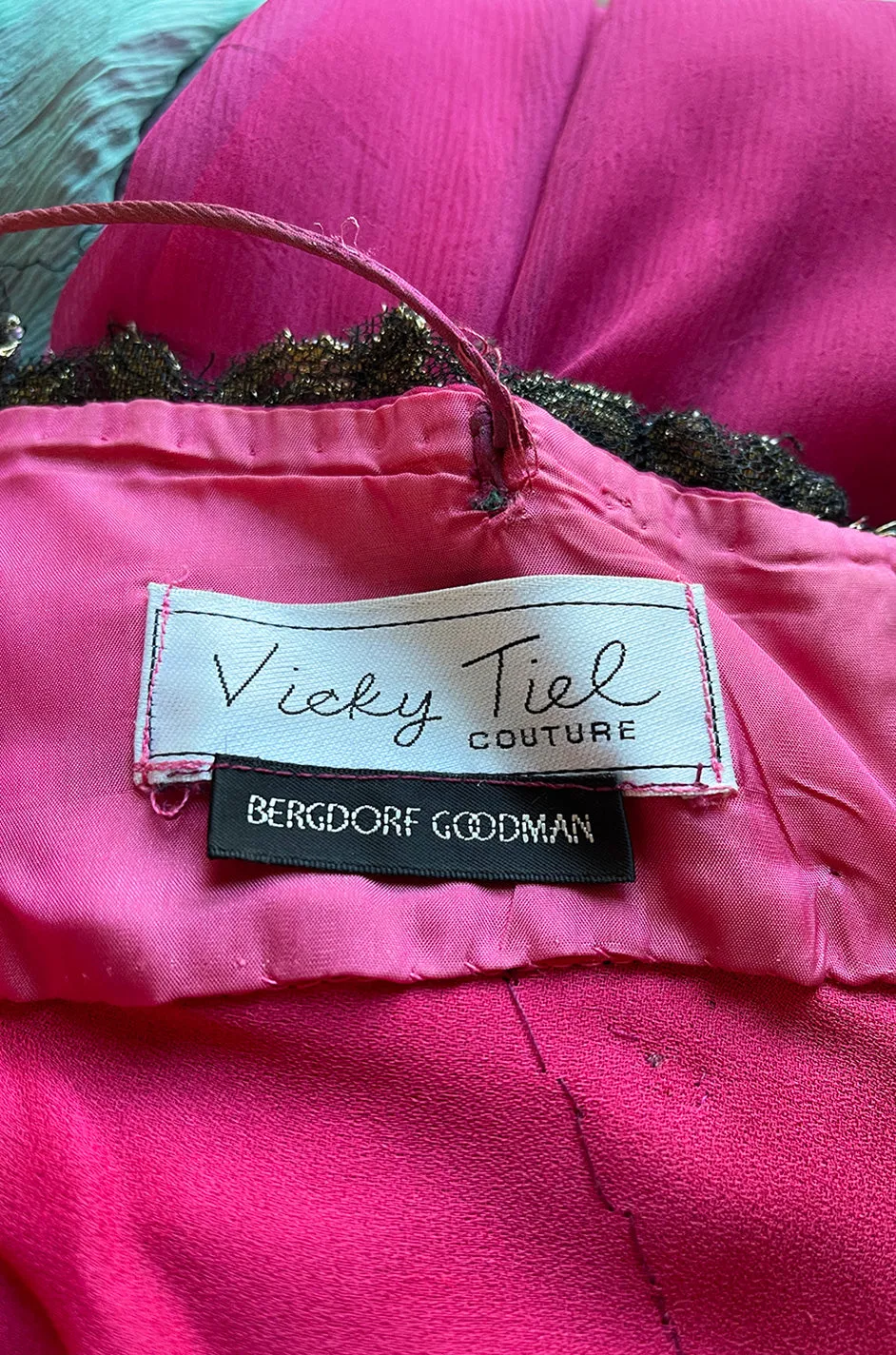 1980s Vicky Tiel Couture Pink & Greem Silk Chiffon Dress w Bead & Sequin Bodice