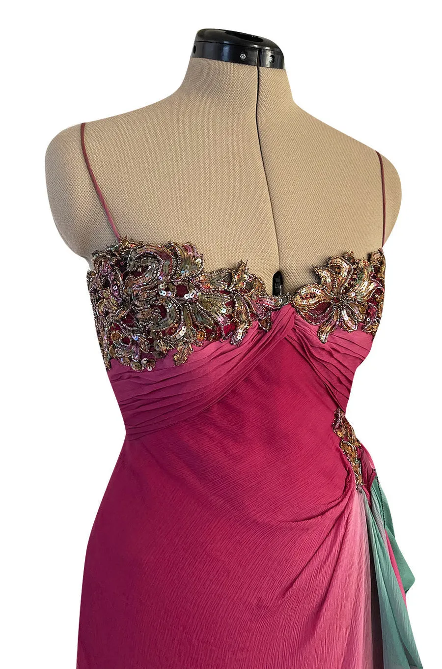 1980s Vicky Tiel Couture Pink & Greem Silk Chiffon Dress w Bead & Sequin Bodice